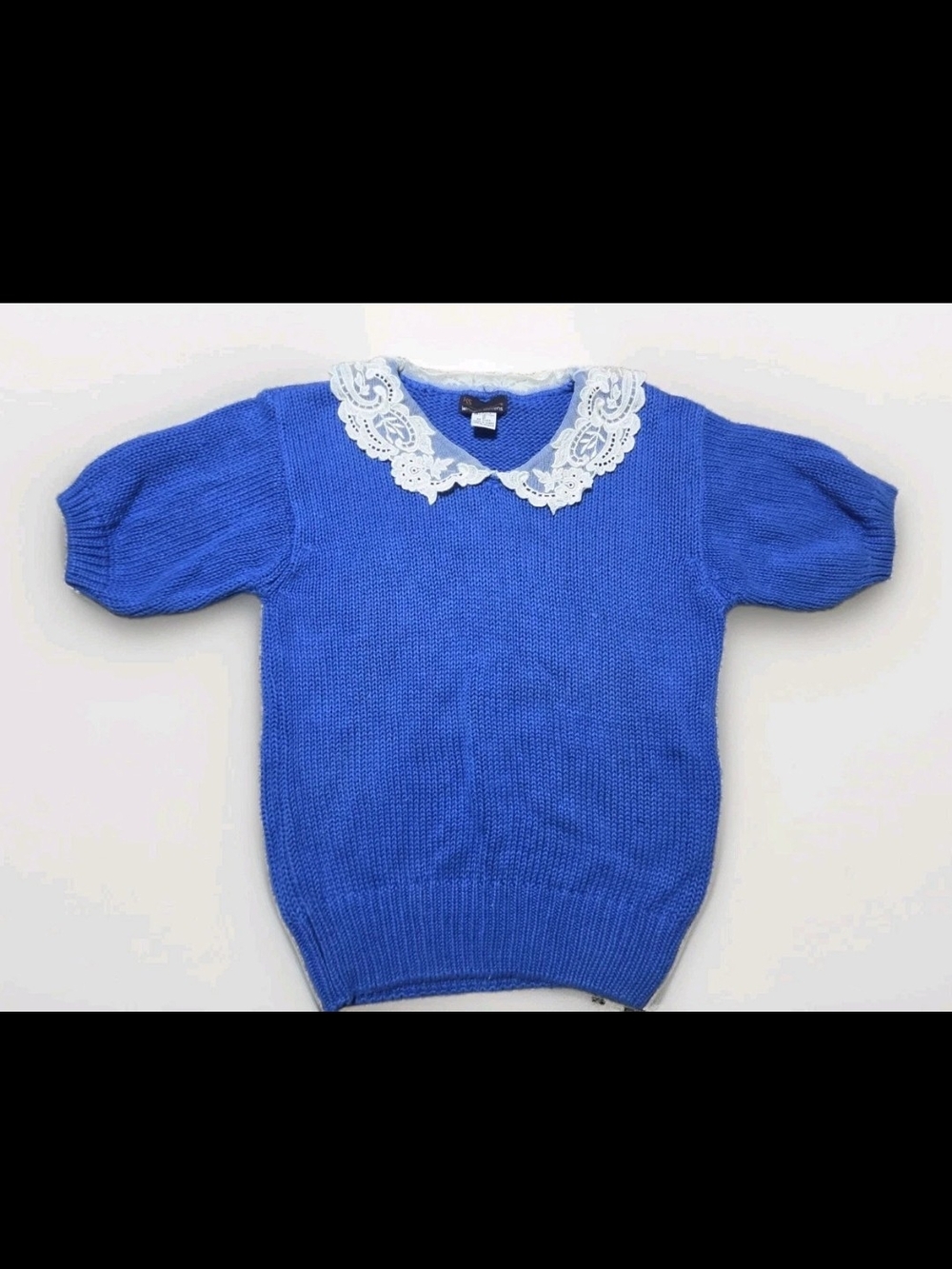 Vintage Kenneth Stevens Blue Knit Top with Floral Lace Collar